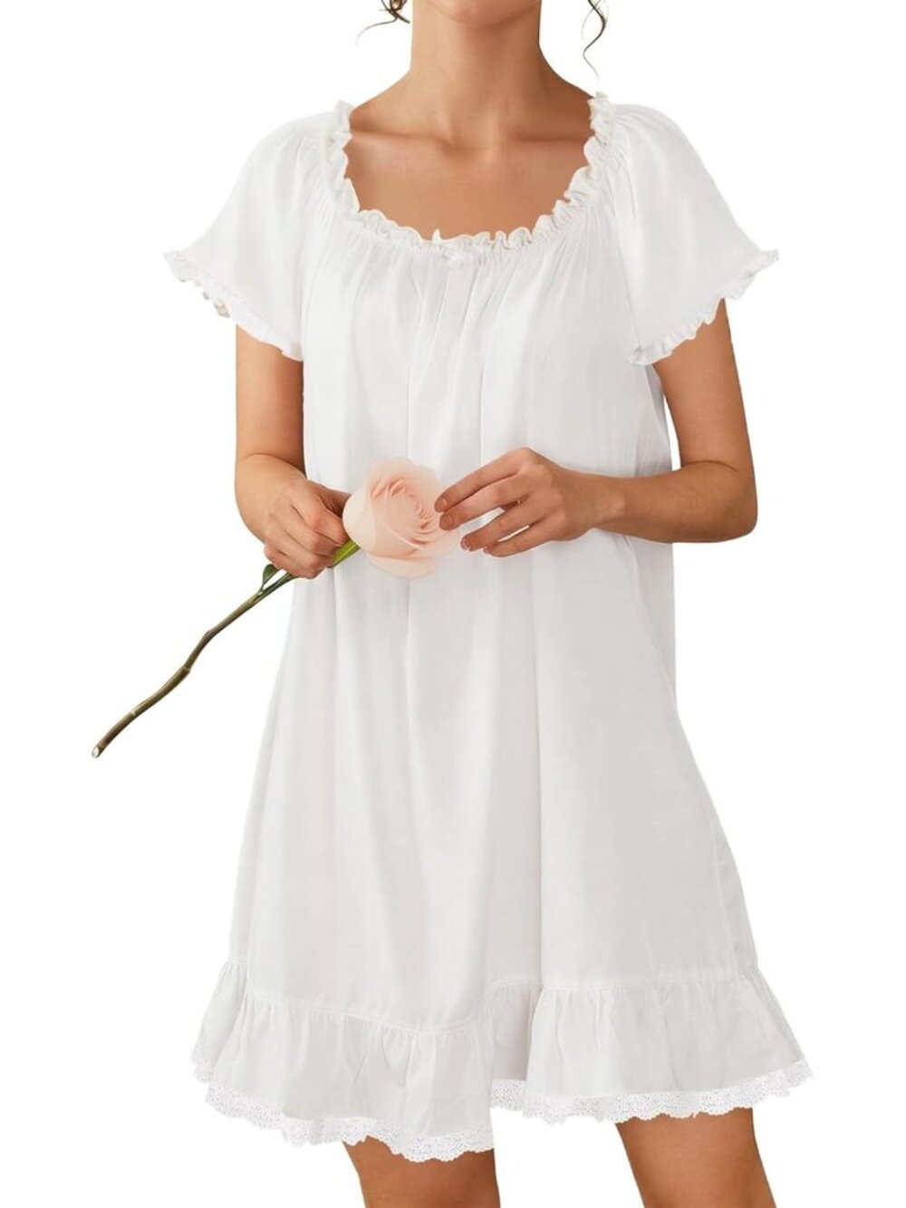 Cozy Cotton Short Sleeve Victorian Nightgown for Women - Sleepwear Dress